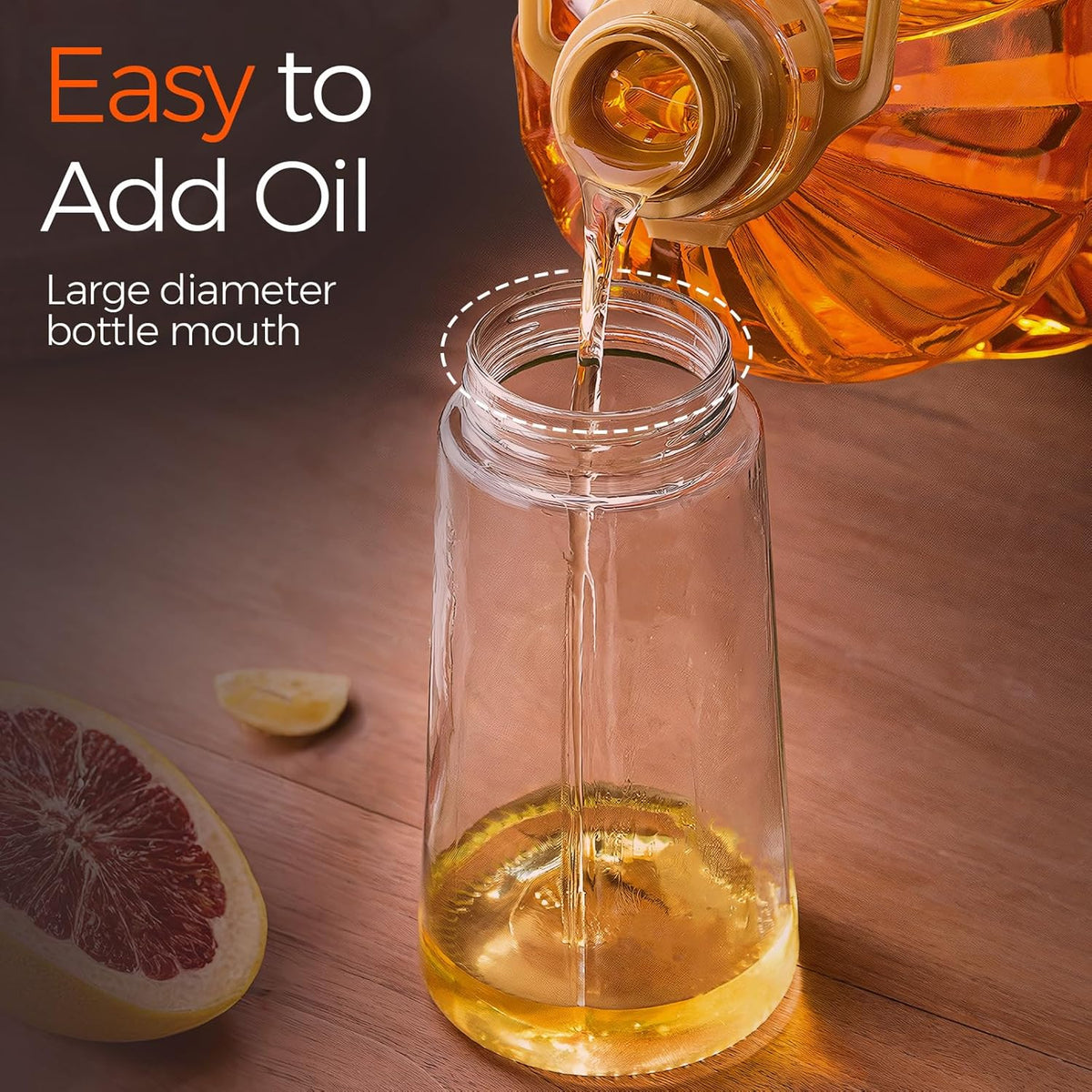 Refilling the Nexuko oil bottle through its wide mouth without spills