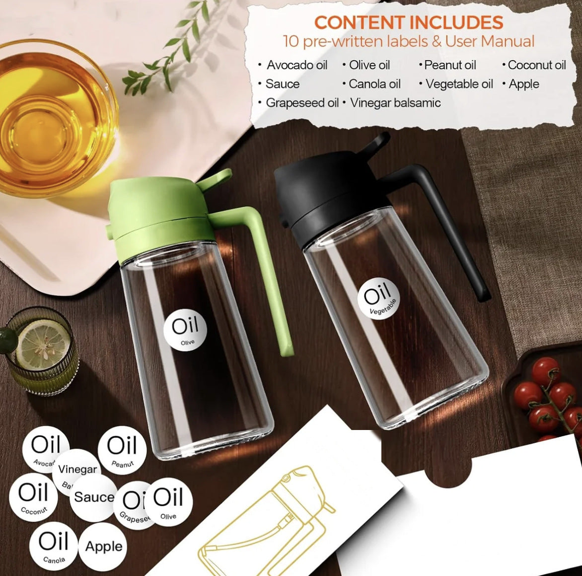 Nexuko 2-in-1 olive oil sprayer and dispenser on a wooden kitchen table