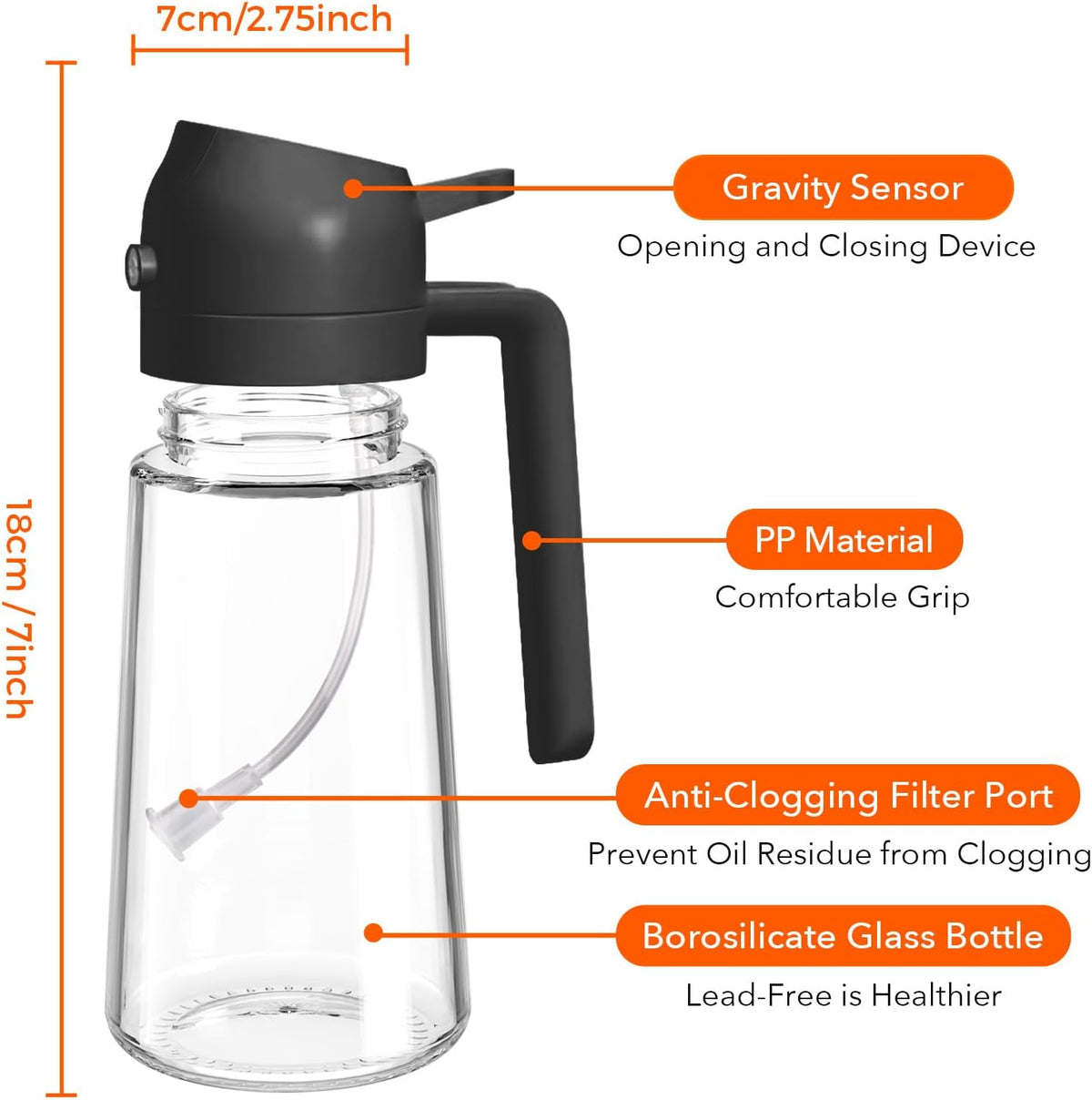 Nexuko oil sprayer specifications: borosilicate glass, anti-clogging filter, 7 in tall