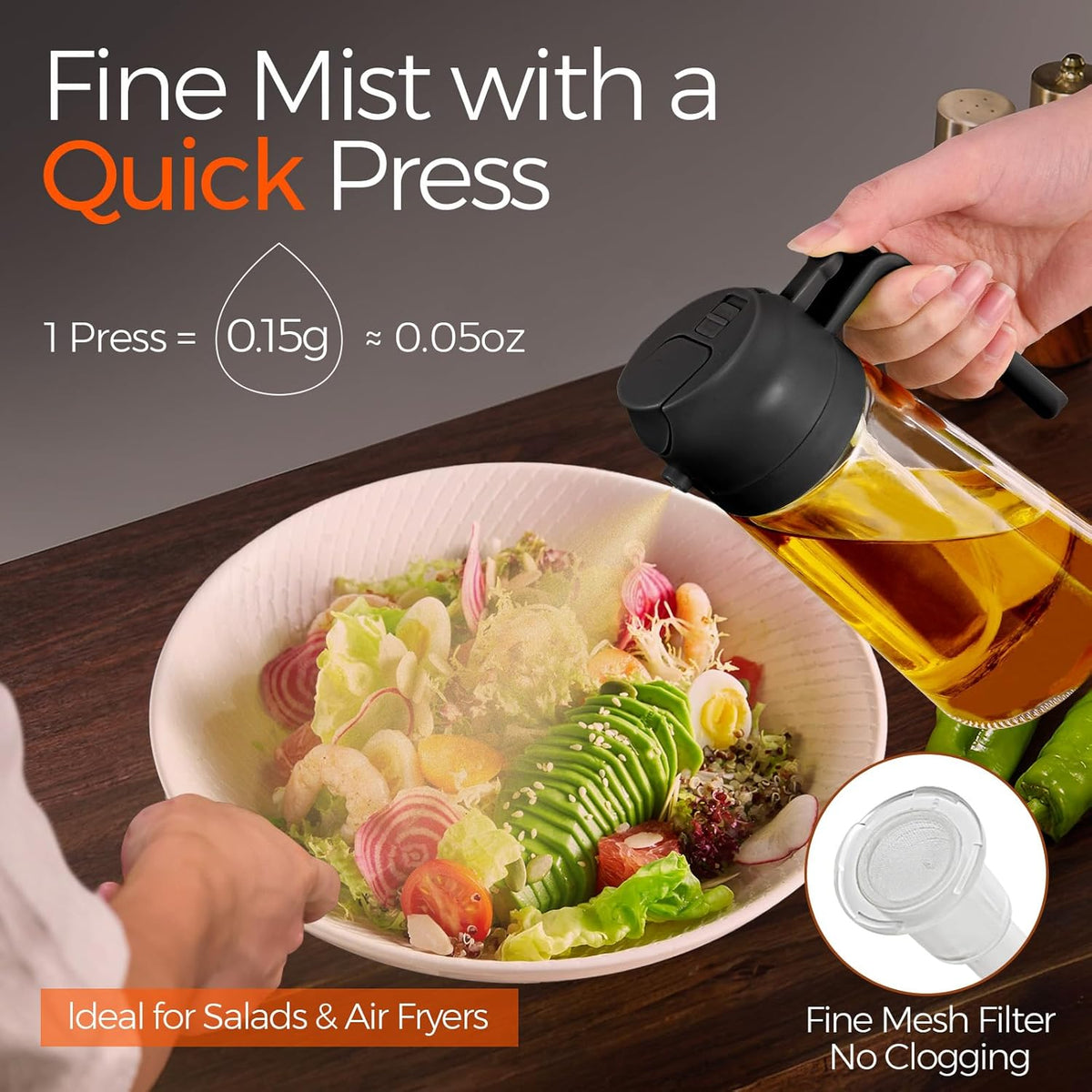 NEXUKO 2-in-1 Olive Oil Sprayer & Dispenser — 16 oz Glass Bottle for Cooking
