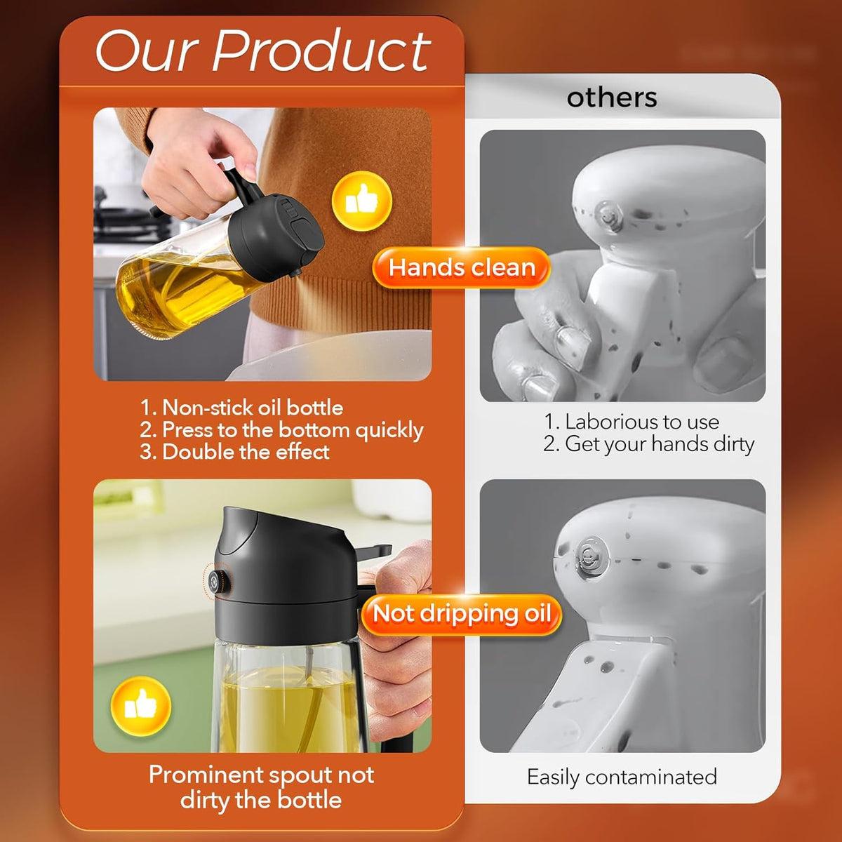 NEXUKO 2-in-1 Olive Oil Sprayer & Dispenser — 16 oz Glass Bottle for Cooking