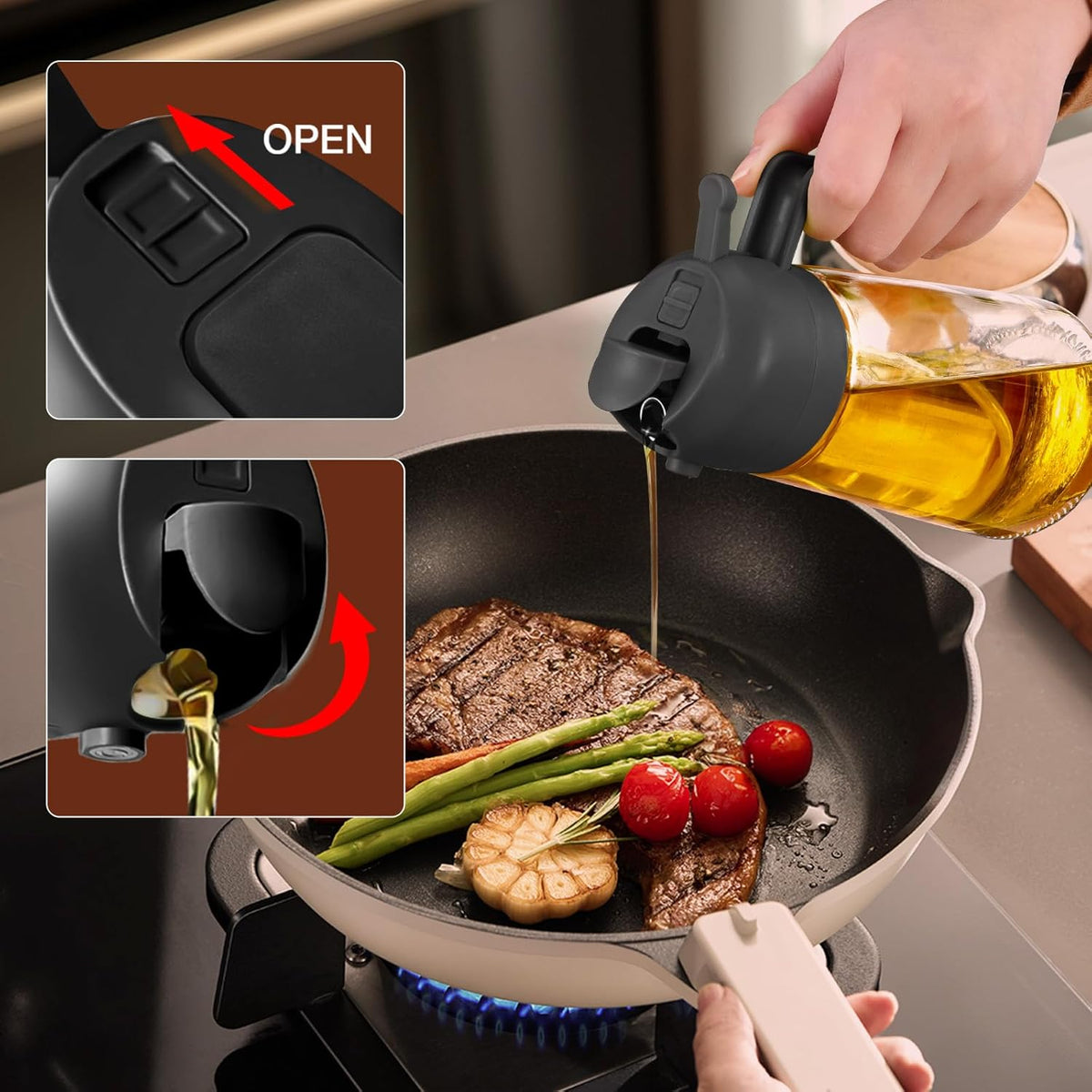 Pouring olive oil over a steak with the Nexuko 2-in-1 sprayer